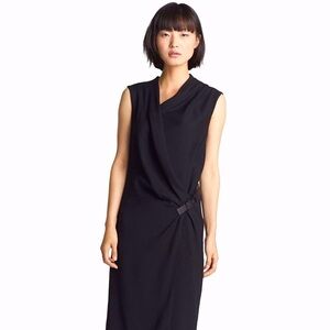 Helmut Lang Draped Faux Wrap Leather Belted Buckled Black Midi Dress - Size 8